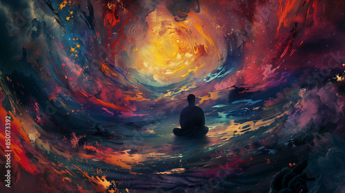 silhouette of a person meditating amidst vibrant swirling colors in a cosmic vortex