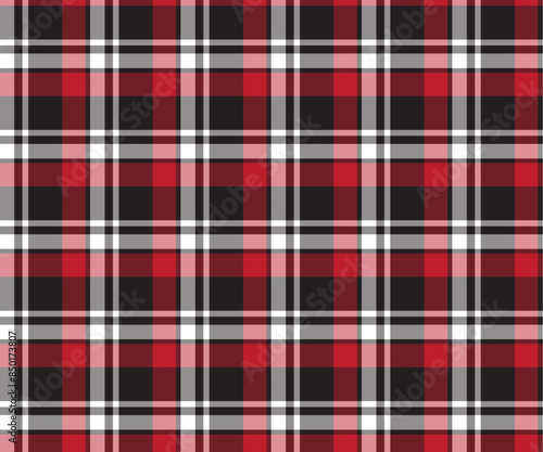 Plaid pattern, black, red, white, seamless for textiles, and for designing clothing, skirts, pants or decorative fabric. Vector illustration.