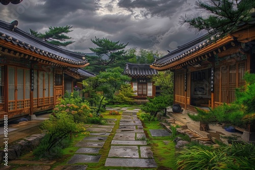 A serene courtyard with a stone path separating two buildings