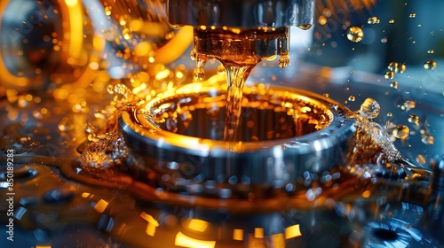 Close-up view of a metal bearing with dynamic oil splashes, symbolizing machinery lubrication and maintenance
