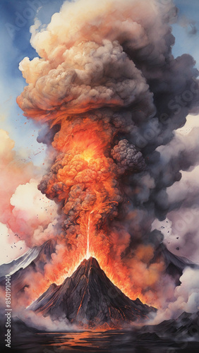 Watercolor painting: A volcanic eruption-triggered lahar racing down a mountainside, its destructive mixture of water and debris a deadly force,