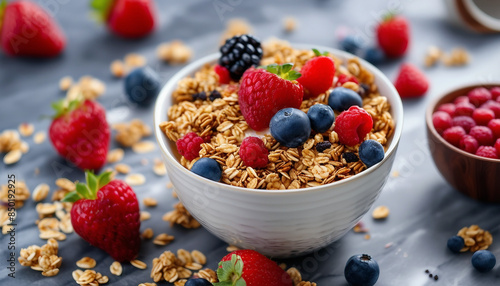 Healthy breakfast. Fresh granola, muesli with yogurt and berries on marble background 