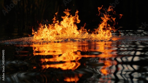 A close-up shot of flames engulfing the surface of a body of water