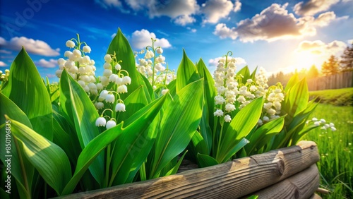 Vibrant spring landscape featuring delicate white lily of the valley flowers blooming amidst lush green foliage, surrounded by rustic wooden fence under serene blue sky.