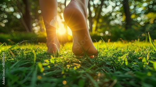 Early morning light bathes a person's bare feet in a soft glow as they walk across a dewy lawn