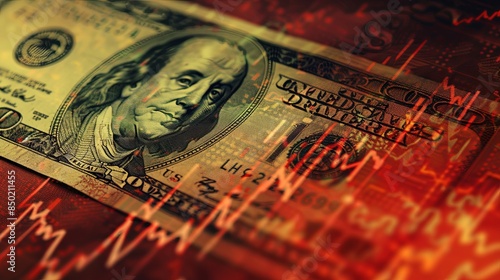 The U.S. dollar depicted against a backdrop of a declining chart, representing the American economy's downturn. Indicators of an economic crisis in America include reduced profits and a recession.