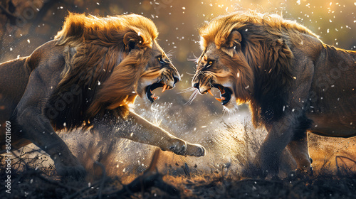 Lion and tiger angry characters smoky predator powerful stance growling ferocious background