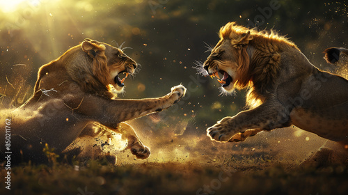 Two lions fight on safari in Africa fierce expressions powerful stance dark background 