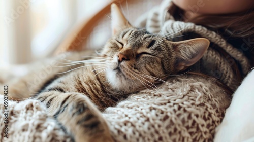 Tabby cat sleeping on a person's lap