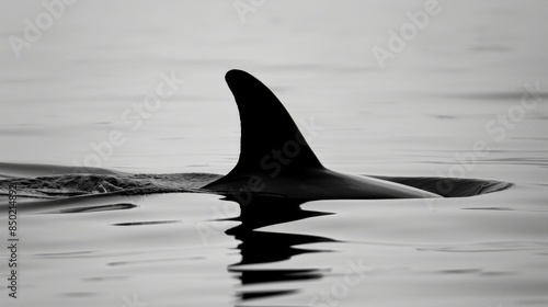 The dark dorsal fin of an orca breaks the surface of the water.