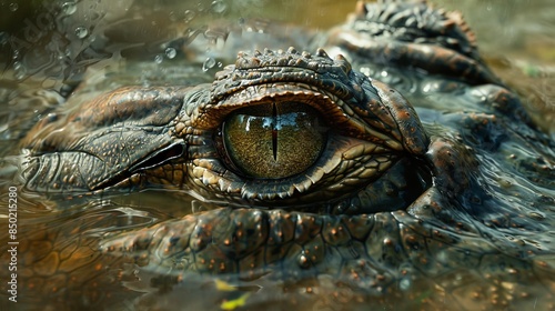 The eye of a crocodile lurking in the water, waiting for its prey.