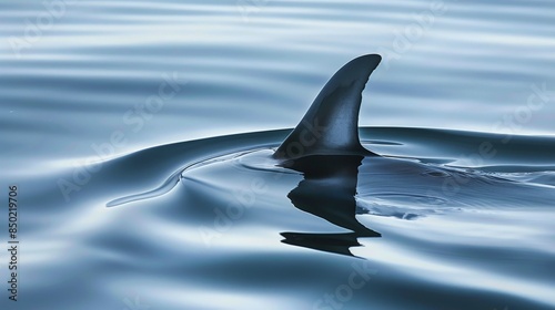 The image shows the dorsal fin of a shark cruising just below the surface of the water.