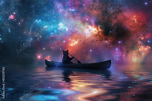 Cat in a canoe paddling through the stars 