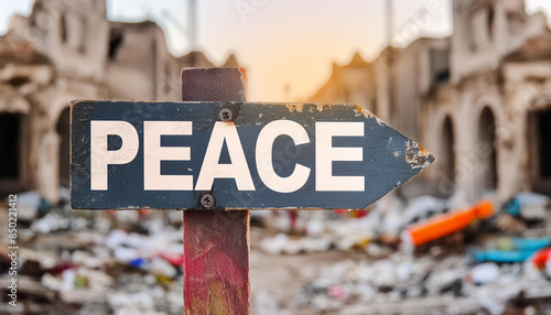 A wooden cross sign with the word PEACE written on it, with a blurred background of destroyed city