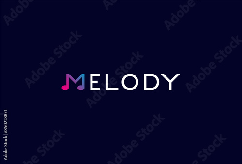 Melody Logo, letter M with musical note icon combination in text Melody typography logo, vector illustration
