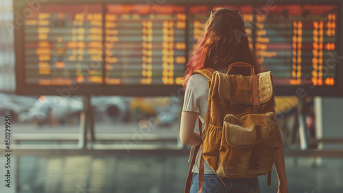 Frau am Flughafen bereit zur Weltreise