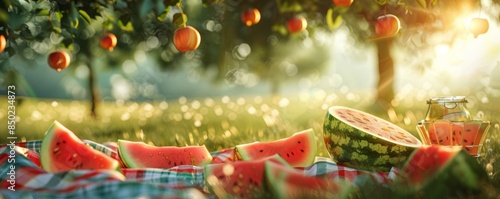 Friends having a picnic in the park for National Watermelon Day, August 3rd, refreshing watermelon slices and good times, 4K hyperrealistic photo.