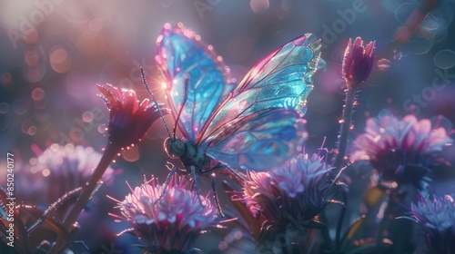 A beautiful butterfly with iridescent wings pollinates a flower. AI.