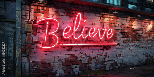 Scritta "Believe" (credere) in neon su un muro di mattoni rossi.