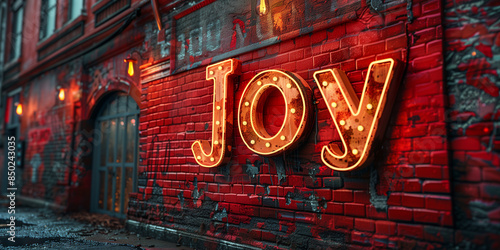 Scritta "Joy" (gioia) in neon su un muro di mattoni rossi.
