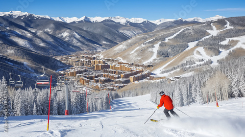 A lone skier enjoys the vast, pristine slopes of Vail Mountain, dwarfed by the grandeur of the snow-capped Rocky Mountains.