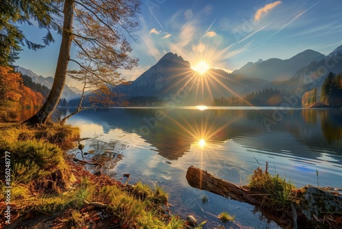Captivating autumn sunset over hintersee lake on a remarkably clear and sunny day