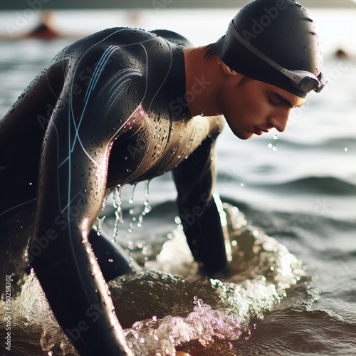 A man in a wetsuit and swim cap is getting ready to swim in a lake.