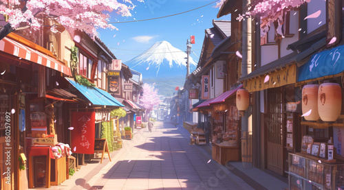 Japanese street with small shops, cherry blossoms and mountain in the background, in the style of anime generative ai