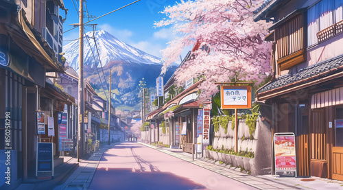 Japanese street with small shops, cherry blossoms and mountain in the background, in the style of anime generative ai