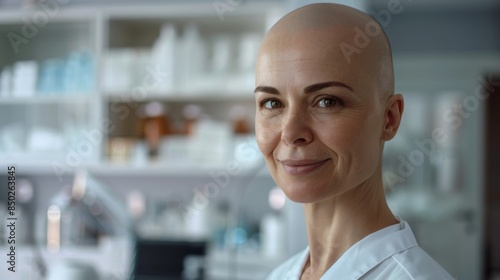 portrait of a beautiful optimistic bald woman fighting cancer disease while in the clinic. healing from cancer