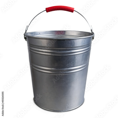 Metallic silver bucket with red grip handle isolated on a white transparent png background