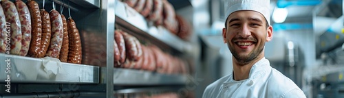 Man in a white uniform smiling and standing next to a rack filled with hanging sausages in a smoking room, bright industrial setting with stainless steel equipment, Photorealistic, Highdetail 8K , hig