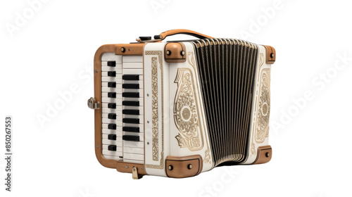 White Accordion With Gold Trim and Brown Leather Straps