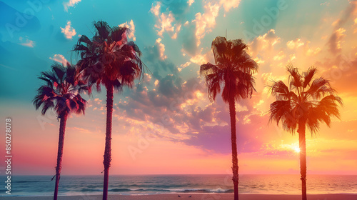 Palm trees at Manhattan Beach at sunset. Fashion travel and tropical beach concept. 