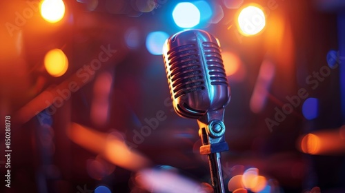 Soft blur of the jazz singers microphone standing at the center of the stage.