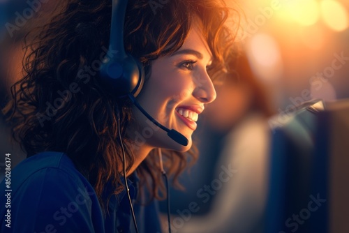Portrait of a young Caucasian contact center telemarketing agent in office using headset. Friendly businesswoman with half-face doing customer service and sales support.