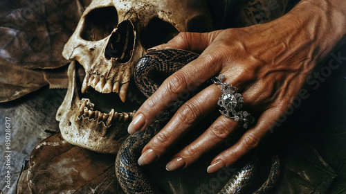 A woman's hand with a beautiful manicure and painted nails holds a snake on a black background with scull. Hand with a snake in beauty editorial style