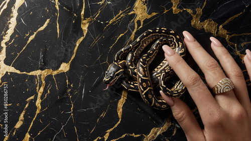 A woman's hand with a beautiful manicure and painted nails holds a snake on a dark background. Hand with a snake in beauty editorial style