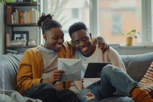 Young cheerful mixed-race couple utilizing a tablet to review paperwork at home. Happy Hispanic couple preparing and paying expenses. Boyfriend and girlfriend budgeting
