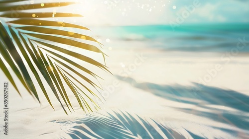 palm leaf shadow on abstract white sand beach background sun lights on water surface beautiful abstract background concept banner for summer vacation at the beach : Generative AI