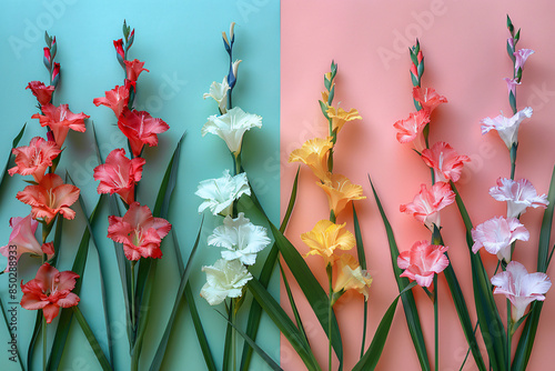 Colorful gladiolus flowers on a blue and pink background.