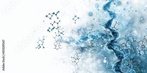 Light blue background with white DNA strands and chemical formulae of amino acids, isolated on a pastel backdrop, depicting AI's internal biology