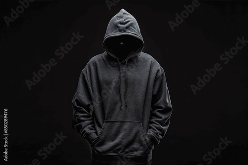 Isolated faceless man in hoodie on black background, symbolizing hacker, thief, dark demon, mysterious creature, Halloween character, secret