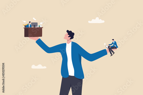 Side job or side hustle to make money, decision or balance between gig economy and main office work, freelancer or salary man routine concept, businessman balance between main work and side hustle.