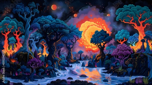 Coloring book, An outrageous scene unfolds as trolls gather under the moonlight, plotting their next move., flashy color