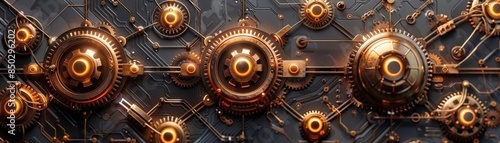 Steampunk-style wireless network with gears and cogs connecting devices, Steampunk, Brown and Gold, 3D Render, intricate and industrial