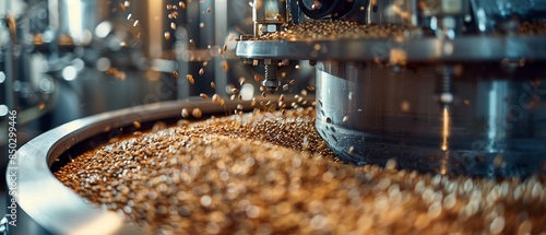 Closeup of the malt milling equipment in a craft brewery, focus on the grain crushing process with visible roller mechanisms and freshly crushed grains, industrial environment with a metallic feel, Ph