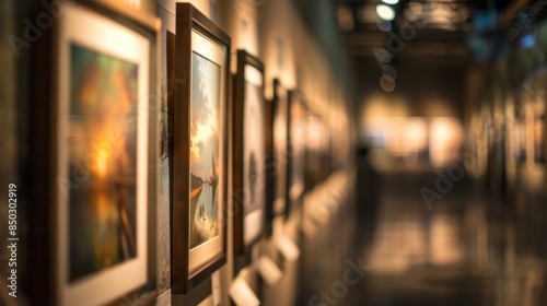 Defocused rows of framed photos hang in a dimly lit gallery space.