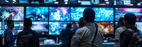 a group of people, including a man with a black backpack, stand in front of a blue wall while watching a video game