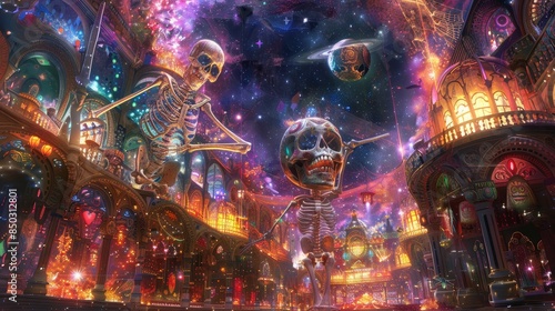 Magical world of Day of the Dead with dancing skeletons background